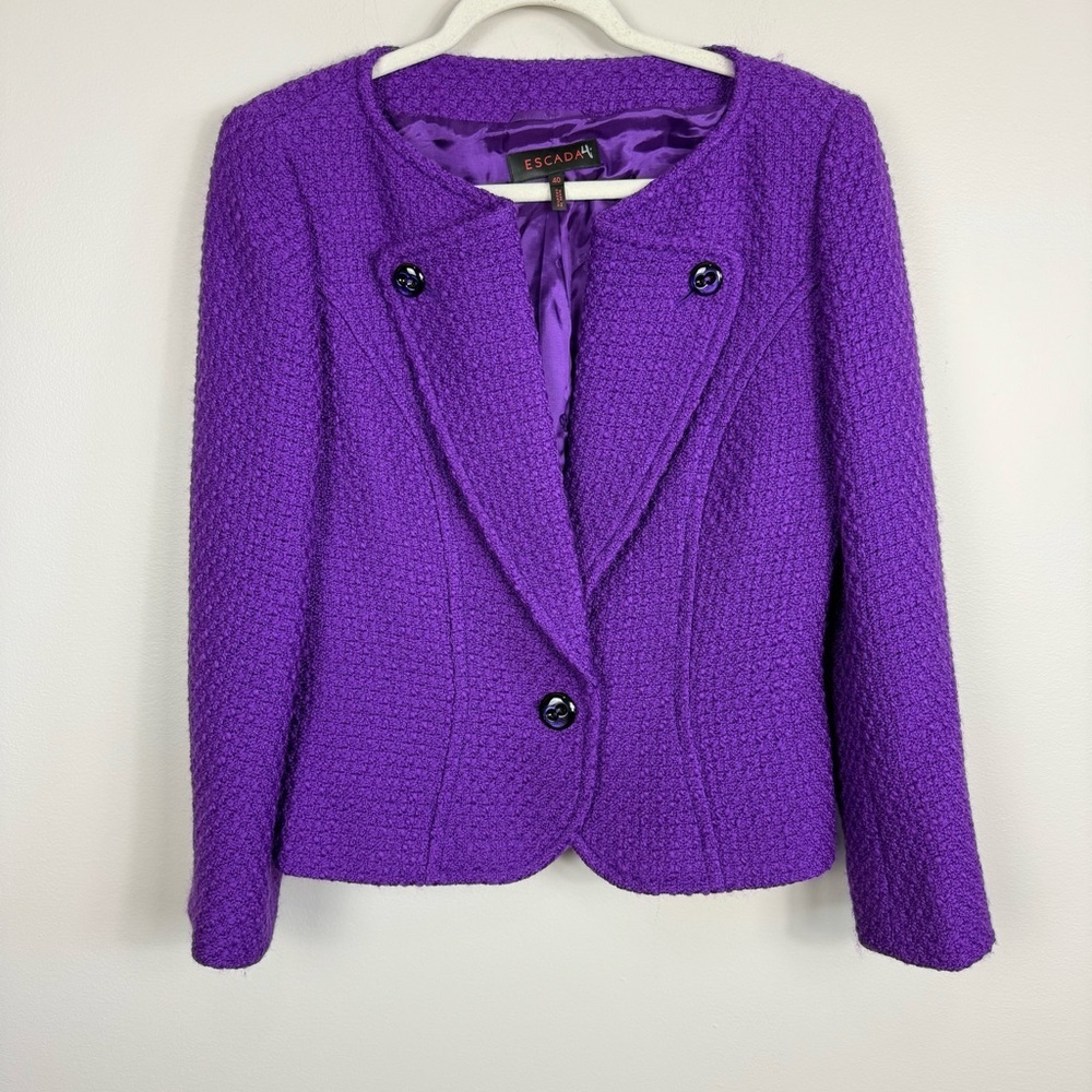 Escada Wool Jacket Womens 40 Purple One Button Blazer Coat Business Office Knit
